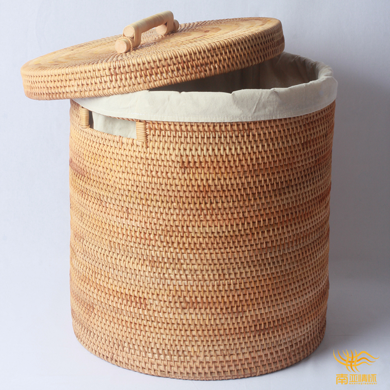 Vietnamese rattan laundry basket dirty clothes bucket storage basket with cover fabric bedroom creative round storage bucket storage basket large