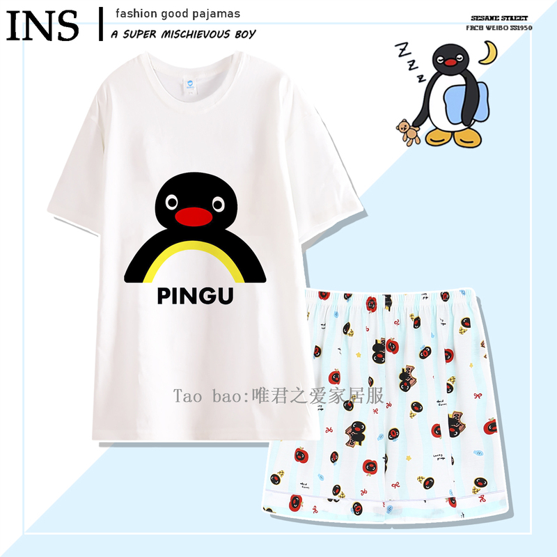 Summer Penguin Pingu Pajamas for Women, Summer Short-Sleeved Round Neck Pure Cotton Cute Cartoon Simple Loose Home Wear