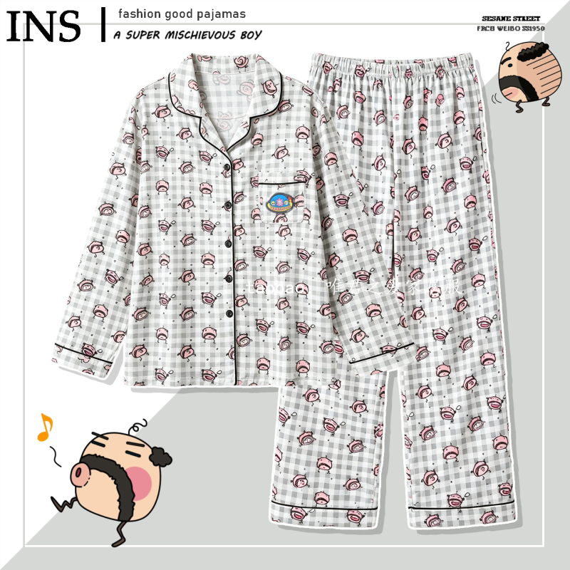 Uncle Ji's Women's Pajamas, Spring and Autumn Long-Sleeved Pure Cotton Gray Plaid Japanese-Style High-End Tomboyko Loungewear