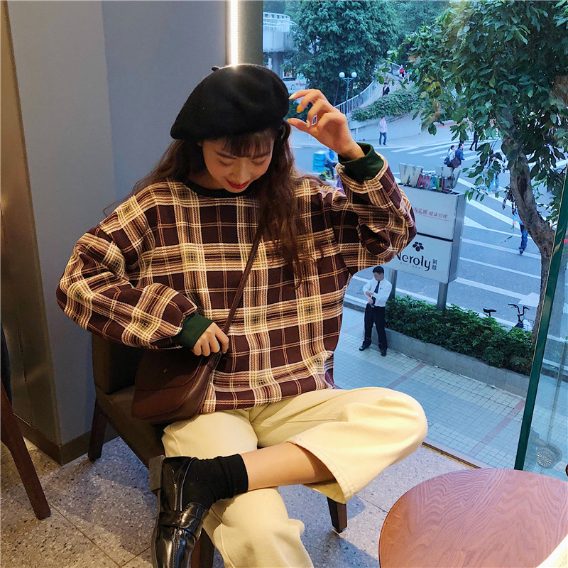 Phụ nữ mới cỡ lớn phiên bản Hàn Quốc của ulzzang lỏng lẻo gió lười học sinh kẻ sọc hoang dã cộng với áo len nhung áo khoác nữ đẹp