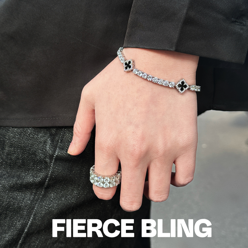 Fierce B Original Natural Obsidian Four-Leaf Clover Diamond Tennis Bracelet European and American Hip-Hop Couple Gift