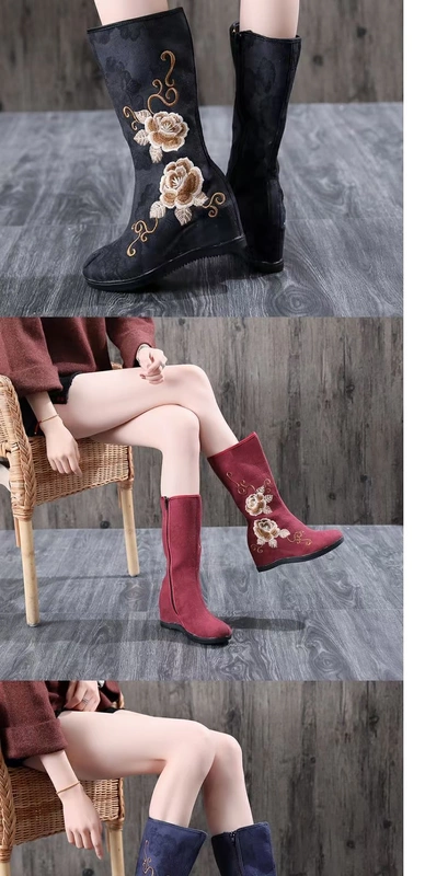 20 mô hình mùa hè và mùa đông của Bắc Kinh cũ giày vải của phụ nữ khởi động đơn jacquard bông vuông ủng khiêu vũ phong cách dân tộc nội bộ tăng ủng thêu - Kính khung