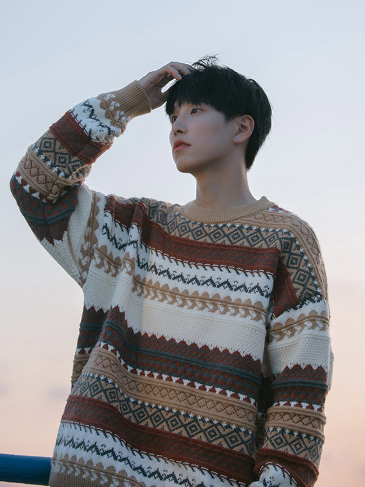 Mens Jacquard Sweater Japanese Retro Thickened Vintage Inner Wear