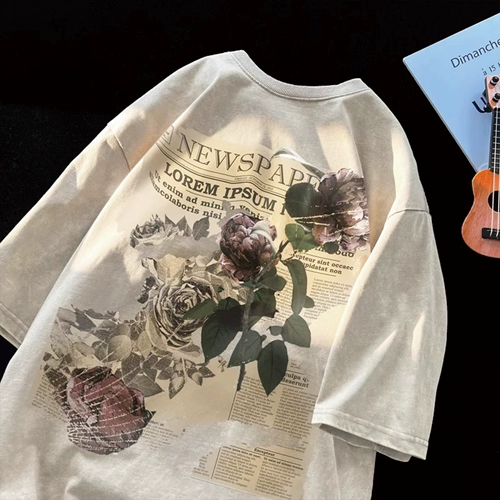 Летняя футболка, в американском стиле, короткий рукав, европейский стиль, изысканный стиль