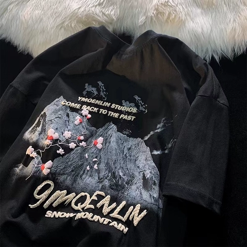 Трендовая летняя футболка с коротким рукавом, китайский стиль, с вышивкой, короткий рукав, оверсайз