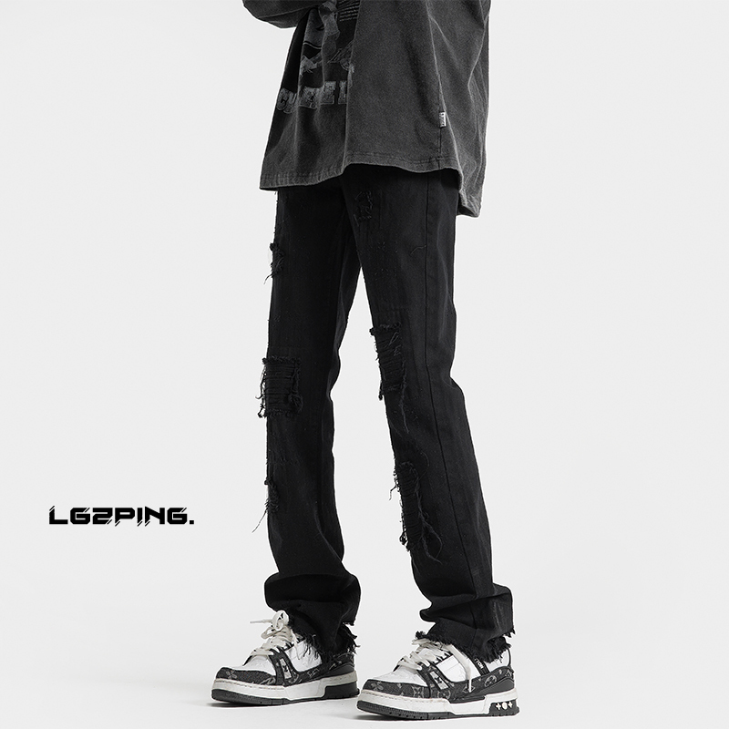 Cleanfit Ripped Jeans Belt Men's Trendy Brand Slim Straight Leg Slightly Flared Black American High Street Vibe Pants