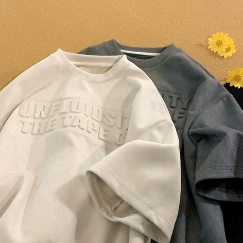 Бархатная ретро трендовая футболка с коротким рукавом, в американском стиле, оверсайз