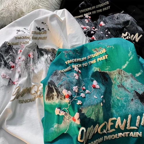 Трендовая летняя футболка с коротким рукавом, китайский стиль, с вышивкой, короткий рукав, оверсайз