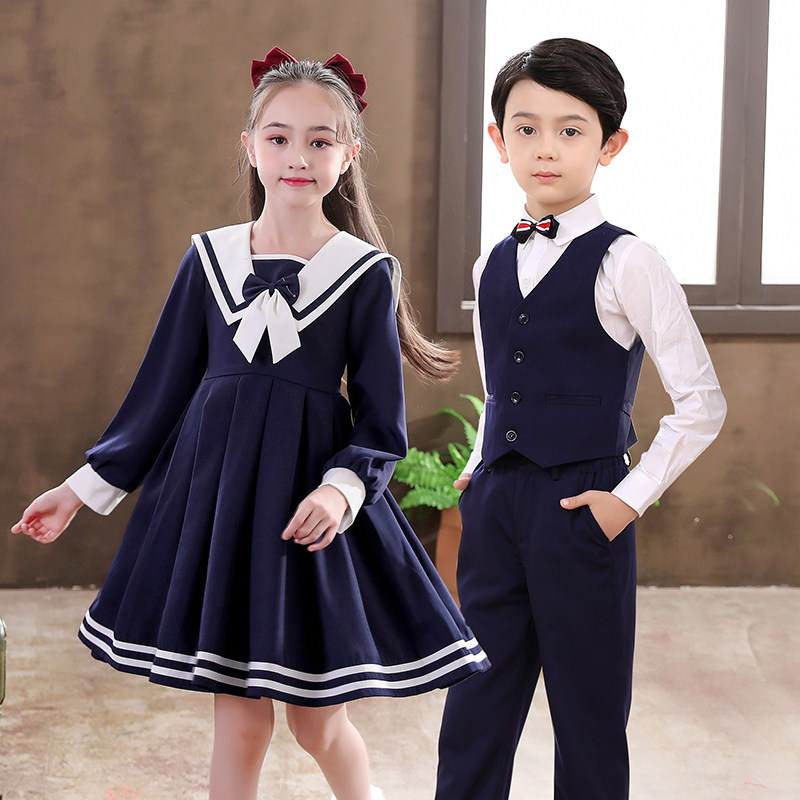 Girl Foreign Dress Autumn Winter Long Sleeve Academy Wind Navy Collar 61 Children's choral performance Costume Speech Competition Costume