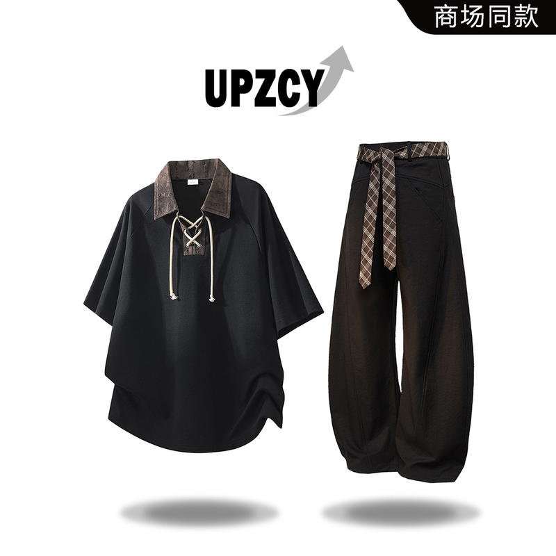 Upzcy American Retro Lapel Short-Sleeved T-Shirt Top for Men, Spring and Summer Fashion Niche Versatile Men's Two-Piece Set Upzcy American Retro Lapel Short-Sleeved T-Shirt Top for Men, Spring and Summer Fashion Niche Versatile Men's Two-Piece Set