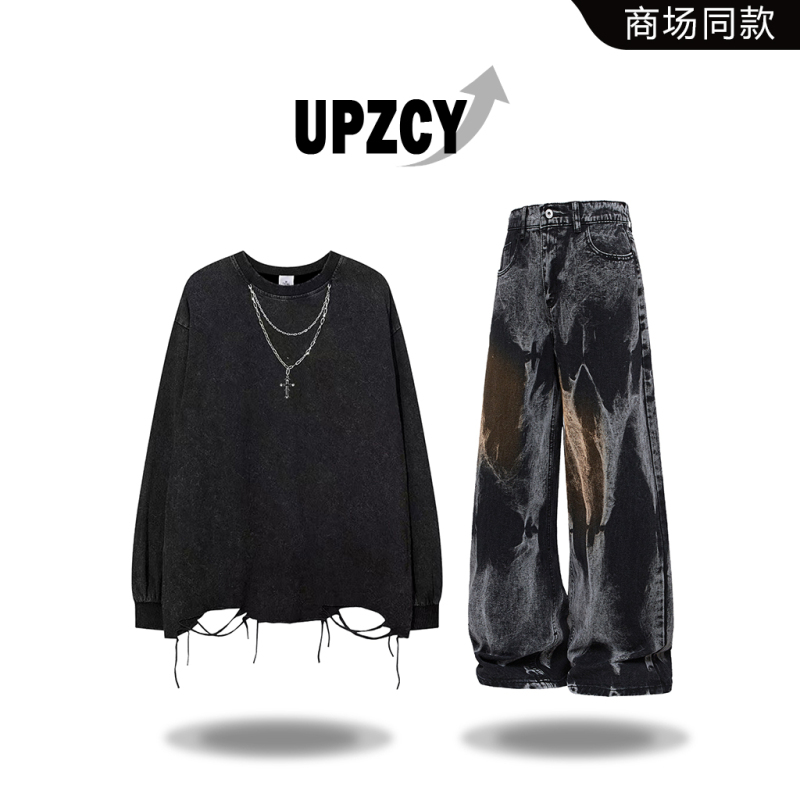 Upzcy American-Style Ripped Design T-Shirt Set for Men, Spring and Autumn High Street Retro Tie-Dye Jeans Two-Piece Set