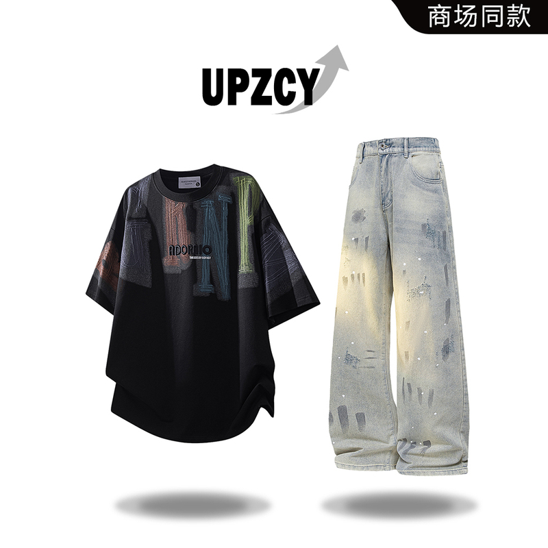 Upzcy American Design Short-Sleeved T-Shirt Men's Summer Suit Trendy High-End Fashion Handsome Men's Two-Piece Suit Upzcy American Design Short-Sleeved T-Shirt Men's Summer Suit Trendy High-End Fashion Handsome Men's Two-Piece Suit
