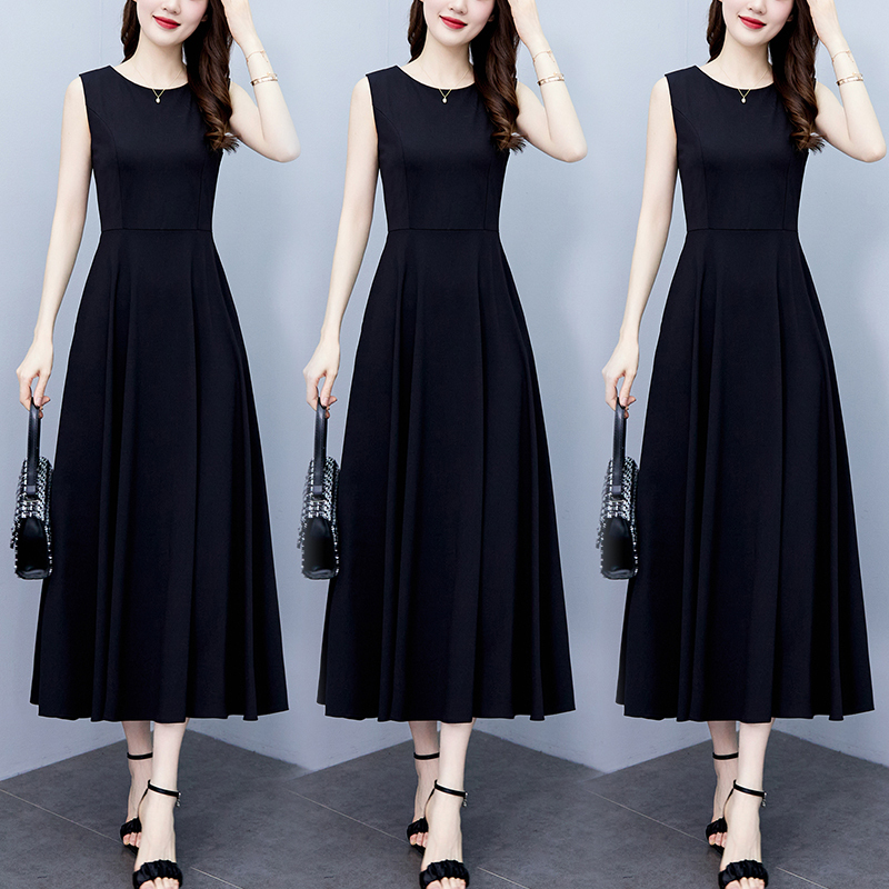 Black Sleeveless Long Dress for Women, 2026 Summer Trendy Fashion, Waist-Cinching, Slimming, Base Layer Tank Dress, Elegant Little Black Dress