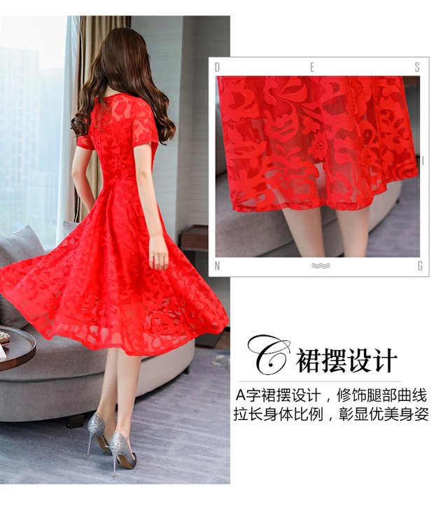 Kích thước lớn chất béo của phụ nữ mm mùa hè tính khí mới con lắc lớn Một từ phần dài eo giảm béo jacquard đầm ren đầm xòe trung niên