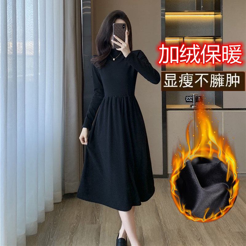 Winter Sweater Dress with a Coat, Black Half-High Collar, Fleece-Lined Knit, Waist-Cinching Dress for Women in Autumn and Winter