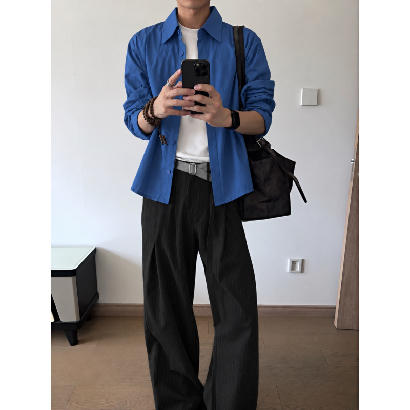 Lbms High-Quality Klein Blue Long-Sleeved Shirt for Men and Women, Loose Casual Versatile Slimming Shirt Jacket Lbms High-Quality Klein Blue Long-Sleeved Shirt for Men and Women, Loose Casual Versatile Slimming Shirt Jacket
