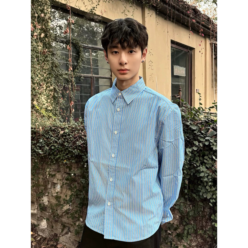 Lbms Spicy Burger American Style High-Intelligence Couple Long-Sleeve Shirt Retro Casual Striped Shirt Relaxed Lazy Style Shirt