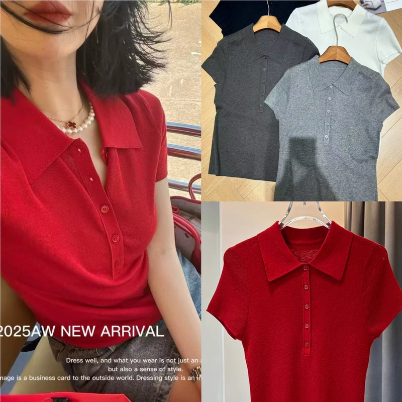 Superfine Wool Lapel Half-Button Knit Sweater for Women 2025 Autumn New Fashion Red Polo Collar Half-Sleeve Sweater