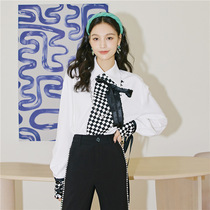 (Wake Up) Act Stitching Color Chessboard Lattice Butterfly Knot Chain Shirt Female Spring Square Collar Long Sleeve White Shirt New