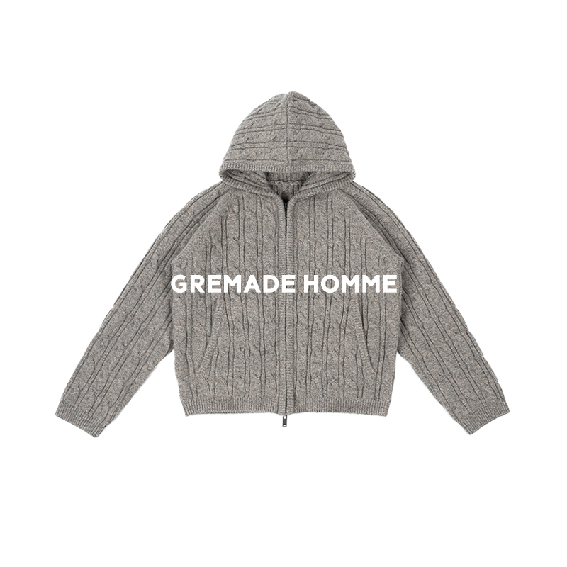 Gremade Ralph Style Cable Knit American Retro Wool Blend Hooded Short Wide Sweater Jacket