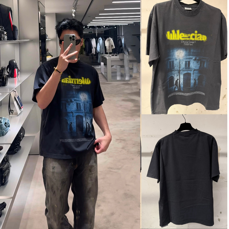 [Headquarters Night View] 8+26Ss Paris Headquarters Night View Conley Print Short Sleeve Loose American Street Style