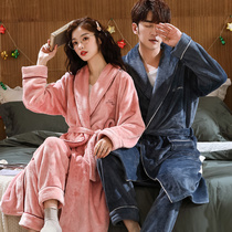 Sleeping gown with pants for men and women autumn and winter couples coral fleece padded flannel bathrobe long two-piece suit home clothing