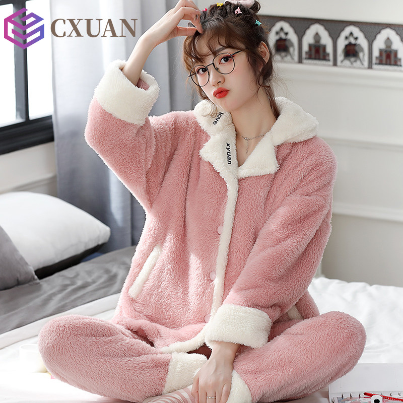 Coral Suede Pajamas Woman Autumn Winter Thickened Garnter Warm Flannel Suede Suit Briefs sweet and beautiful Home Suits Extras