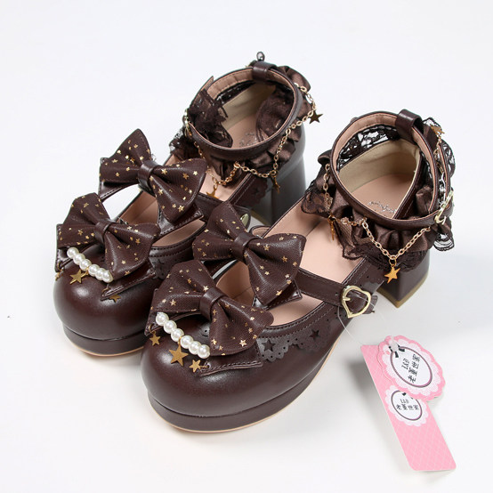 Laodong Shijia's starry lolita Lolita bow Japanese mid-heeled girls' shoes