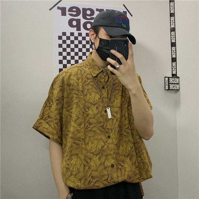 YUDOUDOU Hong Kong style retro leaf print shirt loose short-sleeved shirt trendy personality plant print shirt