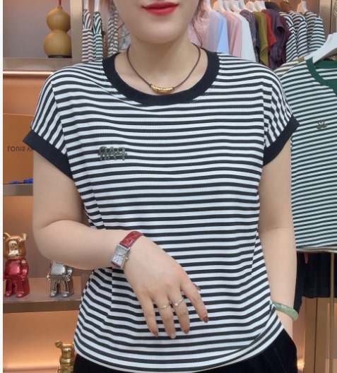 039 # (in Stock and Ready to Ship) Summer Fine Ribbed Striped Crew Neck Casual T-Shirt