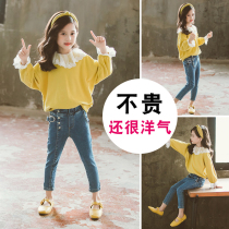 Girls sweater Yangqi 2021 new Korean version of the spring and autumn childrens middle and large childrens little girl base lace long-sleeved top