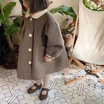 Girls spring and winter woolen coats 2023 winter fashionable childrens doll collar coats baby girl mid-length tops