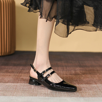 French red Mary Jane shoes summer retro small leather shoes square toe medium heel sandals 2022 womens new thick heel shoes