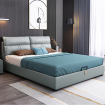 Real leather bed 1 5m modern simple light luxury bedroom small apartment single double high box leather bed 1 8 m solid wood bed