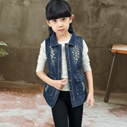 Áo vest bé gái xuân hè 2018 mới to bồng con Hàn Quốc phiên bản áo vest denim ngoại quốc cộng với áo nhung trẻ em đính cườm mỏng - Áo ghi lê