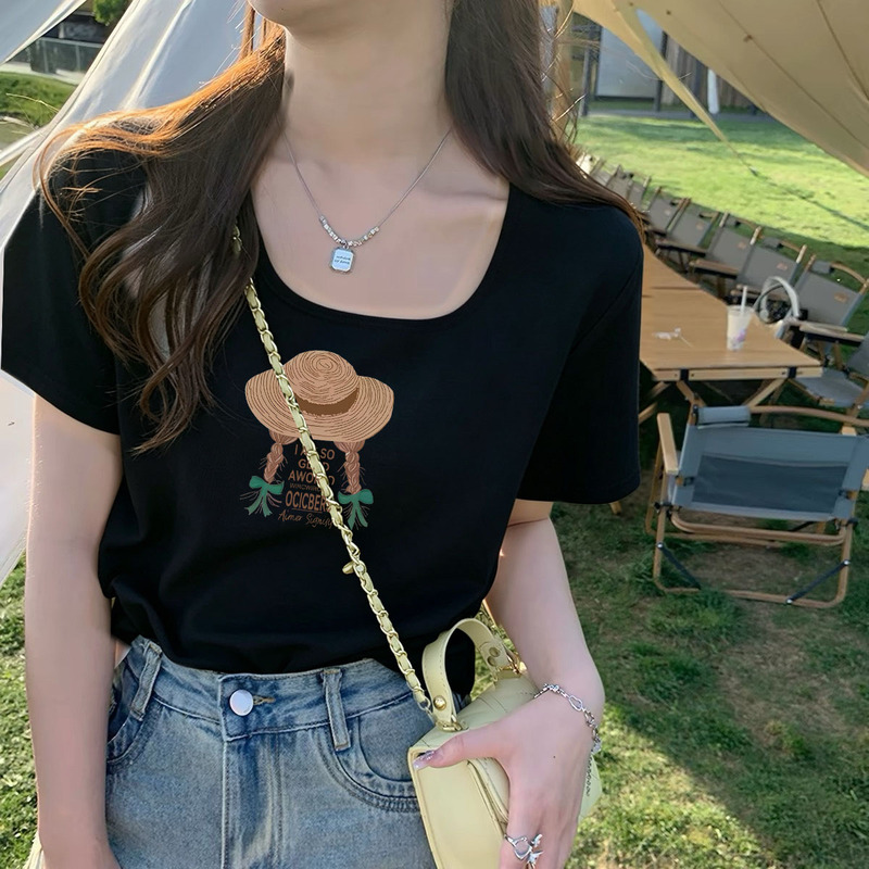 Pure Cotton T-Shirt with Square Neck Design, French-Style Collarbone Top, Regular Shoulder, Slimming Short-Sleeve Tee for Women, Summer 2026 New Model