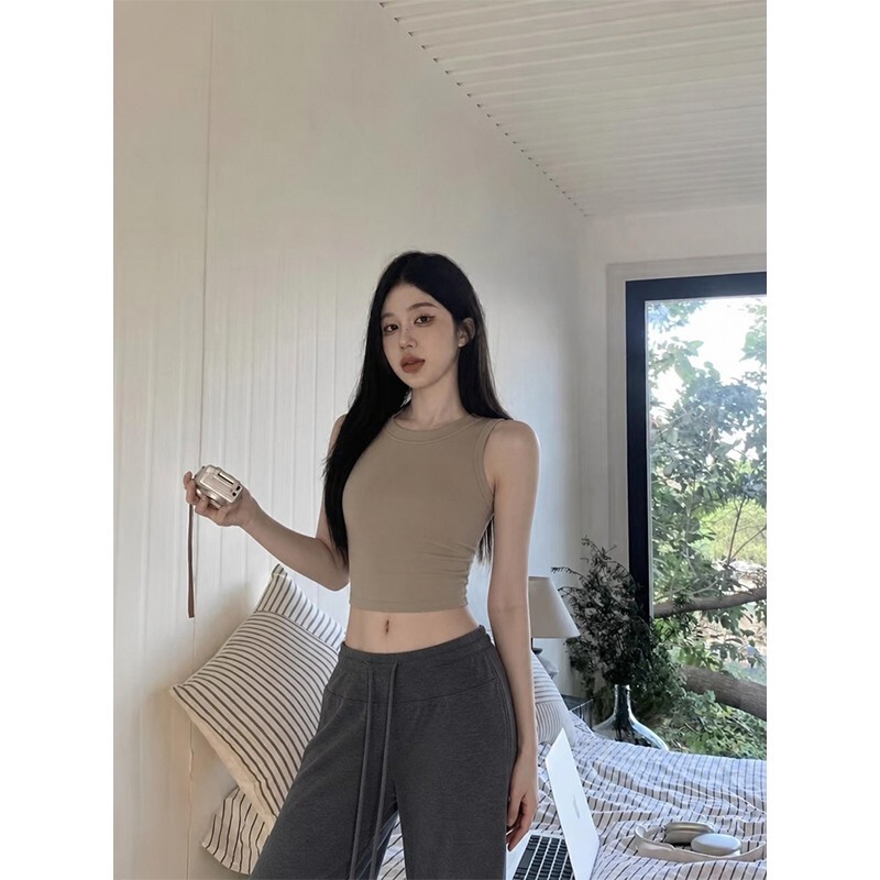 Sports Style Round-Neck Tank Top, Short Style for Women, Summer High-End Niche Simple Fitness Yoga Sleeveless Top