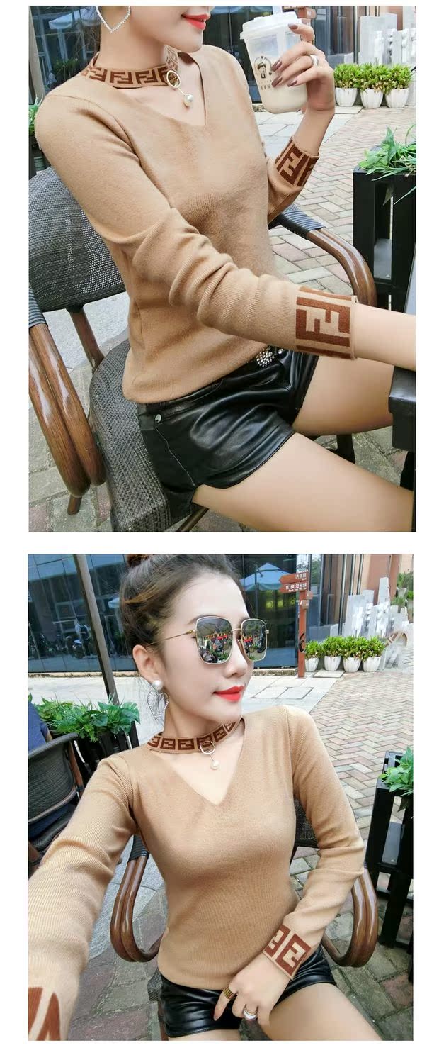 Mùa thu đông mới thời trang bó sát áo len cổ chữ V nữ dài tay Slim co giãn hoang dã áo len chạm đáy áo len áo len tăm dài tay