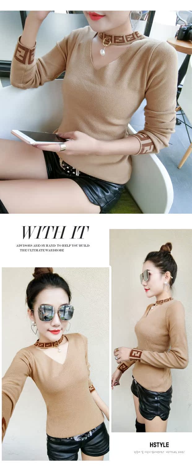 Mùa thu đông mới thời trang bó sát áo len cổ chữ V nữ dài tay Slim co giãn hoang dã áo len chạm đáy áo len áo len tăm dài tay