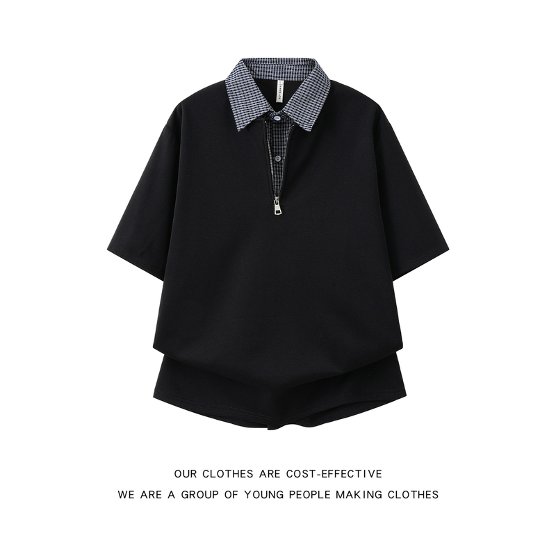 Houndstooth Fake Two-Piece Spliced Polo Shirt Short-Sleeved Men's Summer Casual Loose Design Half-Zip Half-Sleeve T-Shirt Houndstooth Fake Two-Piece Spliced Polo Shirt Short-Sleeved Men's Summer Casual Loose Design Half-Zip Half-Sleeve T-Shirt