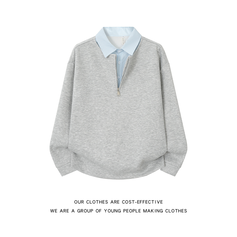 American Retro Fake Two-Piece Shirt Collar Sweatshirt for Men and Women, New Loose Half-Zip Polo Collar T-Shirt Top for Autumn