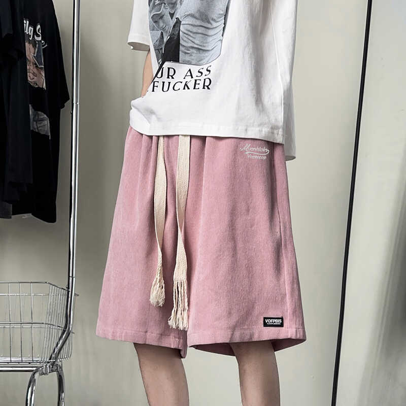 American High Street Embroidered Pink Casual Shorts for Men, Summer Thin Corduroy Couple Loose Versatile Knee-Length Shorts
