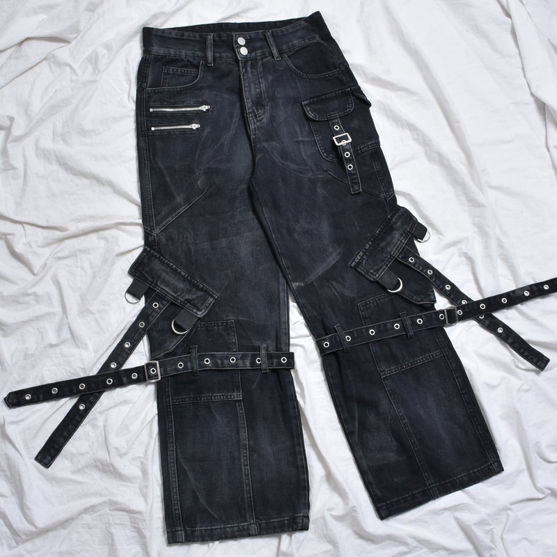 Nameless Japanese Style Volcal Subculture Dark Punk Distressed Lace-Up Denim Straight-Leg Pants Y2K