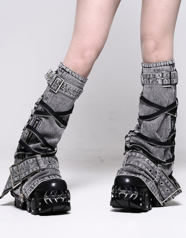 Nameless Japanese Style Rf Tearful Subculture Dark Punk Zipper Strap Mid-Calf Denim Leg Warmers Y2K Nameless Japanese Style Rf Tearful Subculture Dark Punk Zipper Strap Mid-Calf Denim Leg Warmers Y2K