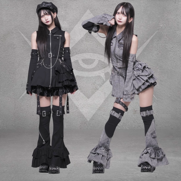 Nameless Japanese Style Rf Tearful Subculture Dark Punk Military Uniform Denim Zipper Dress Hot Girl Y2K