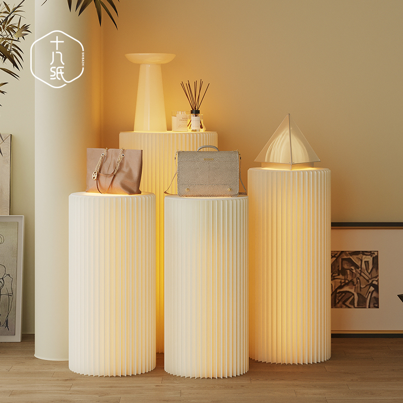 Paper Cylindrical Display Stand, Decorative Display Table, Display Rack, Island Stand, Light-Emitting Storage Rack for Commercial Exhibitions and Stores