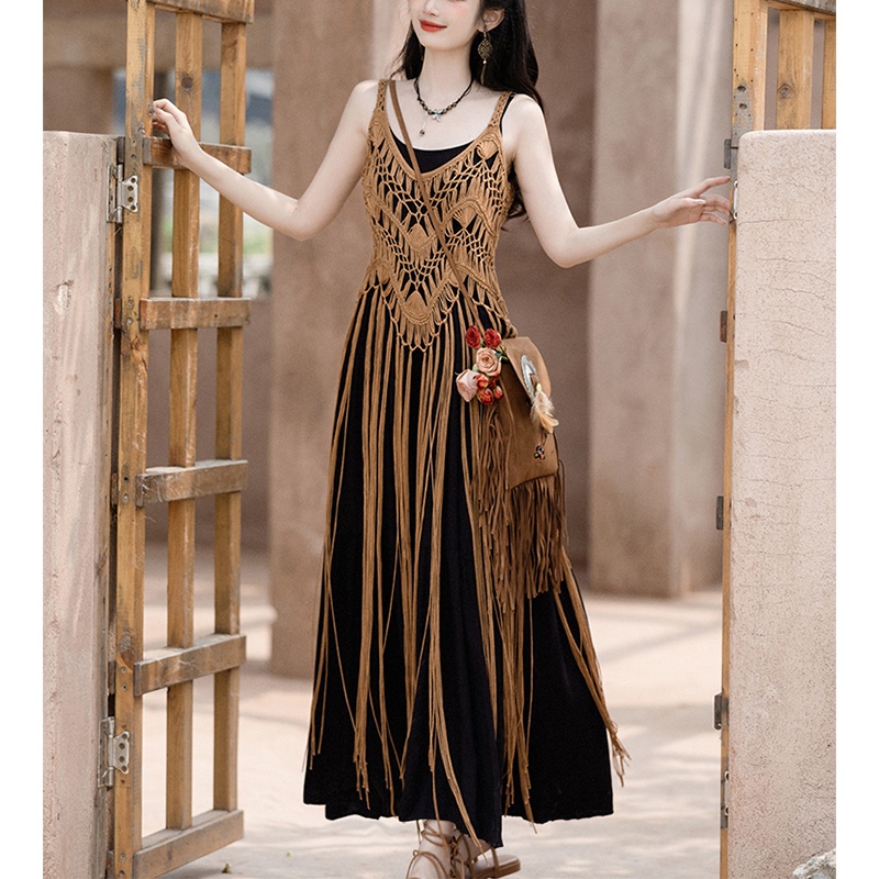Hollow-Out Woven Tassel Layered Tank Top Cover-Up Slip Dress for Women, Summer 2024 New Fashion for Travel and Vacation