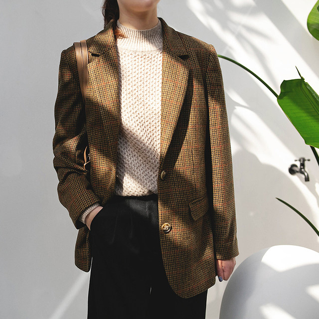 Haiwu wool cashmere ສີຂຽວເຂັ້ມ plaid vintage dad suit mid-length commuter late autumn coat