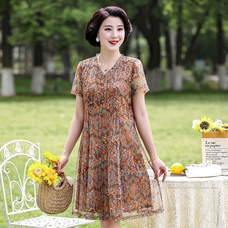 Plus-Size Mesh Printed Dress, New Summer Women's Clothing, Short-Sleeved, Large Hem, Tummy-Covering, Slimming V-Neck A-Line Dress for Plus-Size Moms