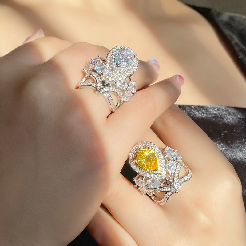 Marry Colorful Gemstone Retro Sparkling Imitation Mosang Yellow Diamond Ring Female Light Extravagant DROP-SHAPED COLOR DIAMOND BEESSEAL RING